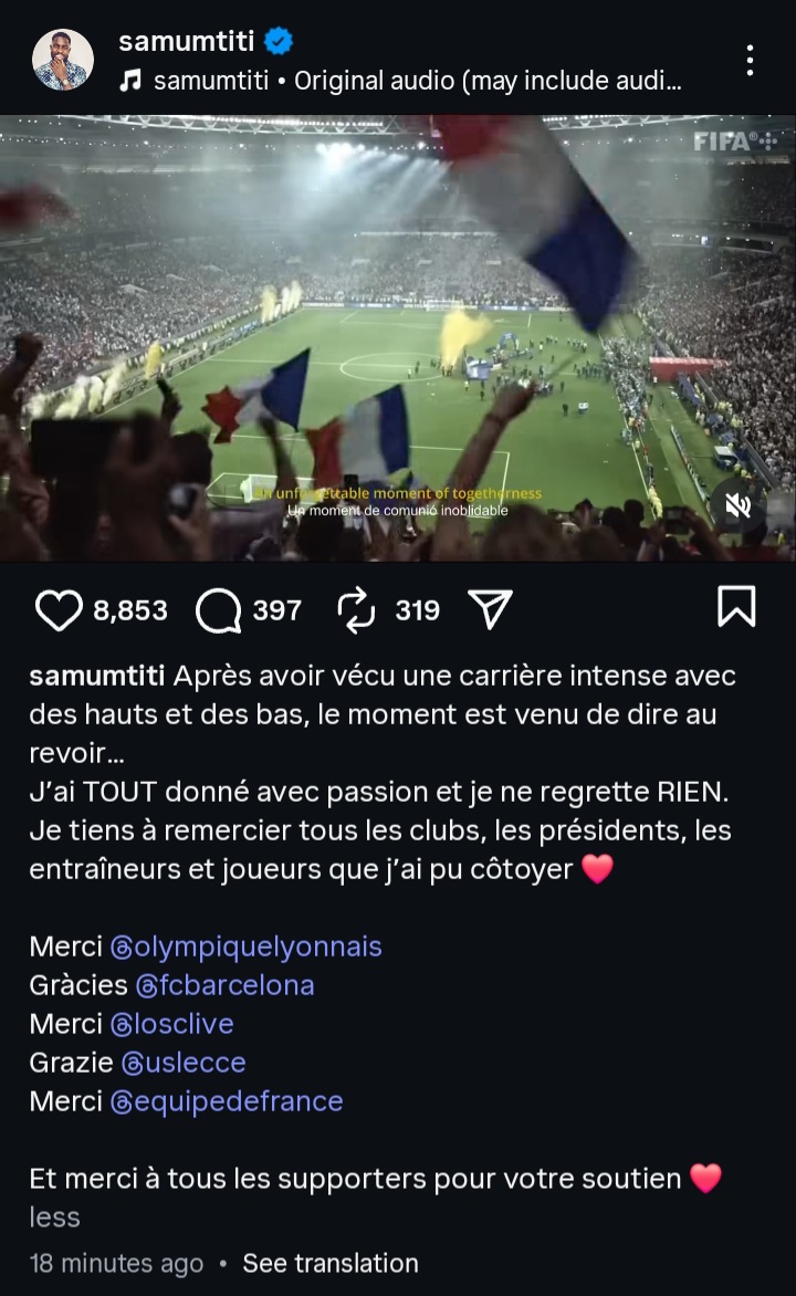 استوری خداحافظی ساموئل اومتیتی از فوتبال