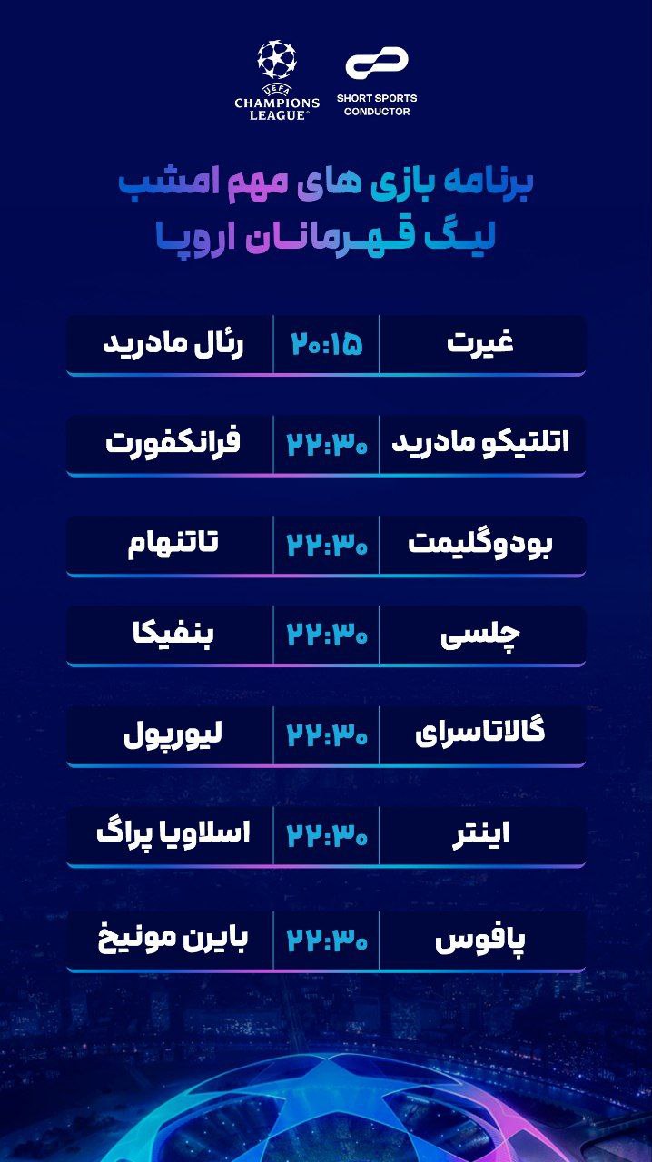 برنامه بازی‌های مهم امشب لیگ قهرمانان اروپا